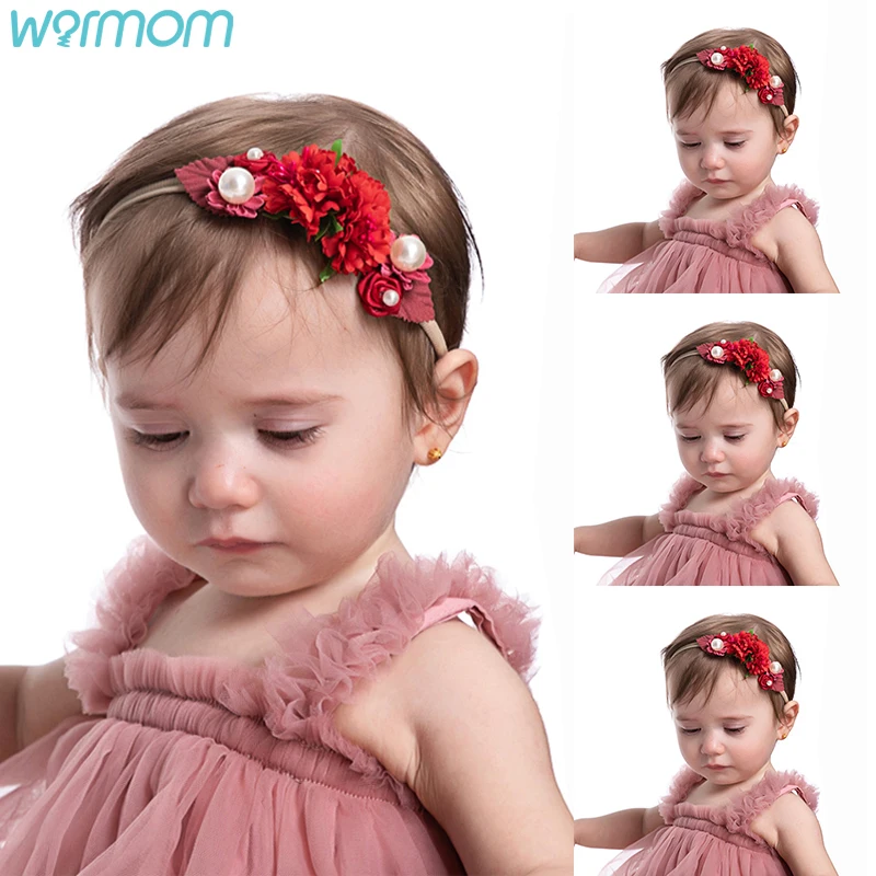 

Warmom New Artificial Flower Belt Pearl Children's Hair Belt Soft Nylon Elastic Baby Headband Newborn Baby Girl Headbands