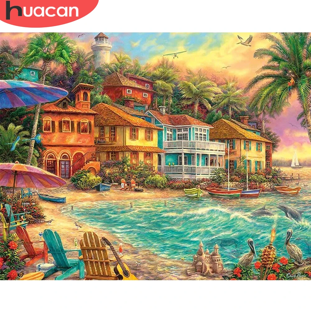 

HUACAN краска по номеру дом пейзаж для взрослых DIY рамка картина по номерам озеро Акриловая Краска на холсте украшение дома