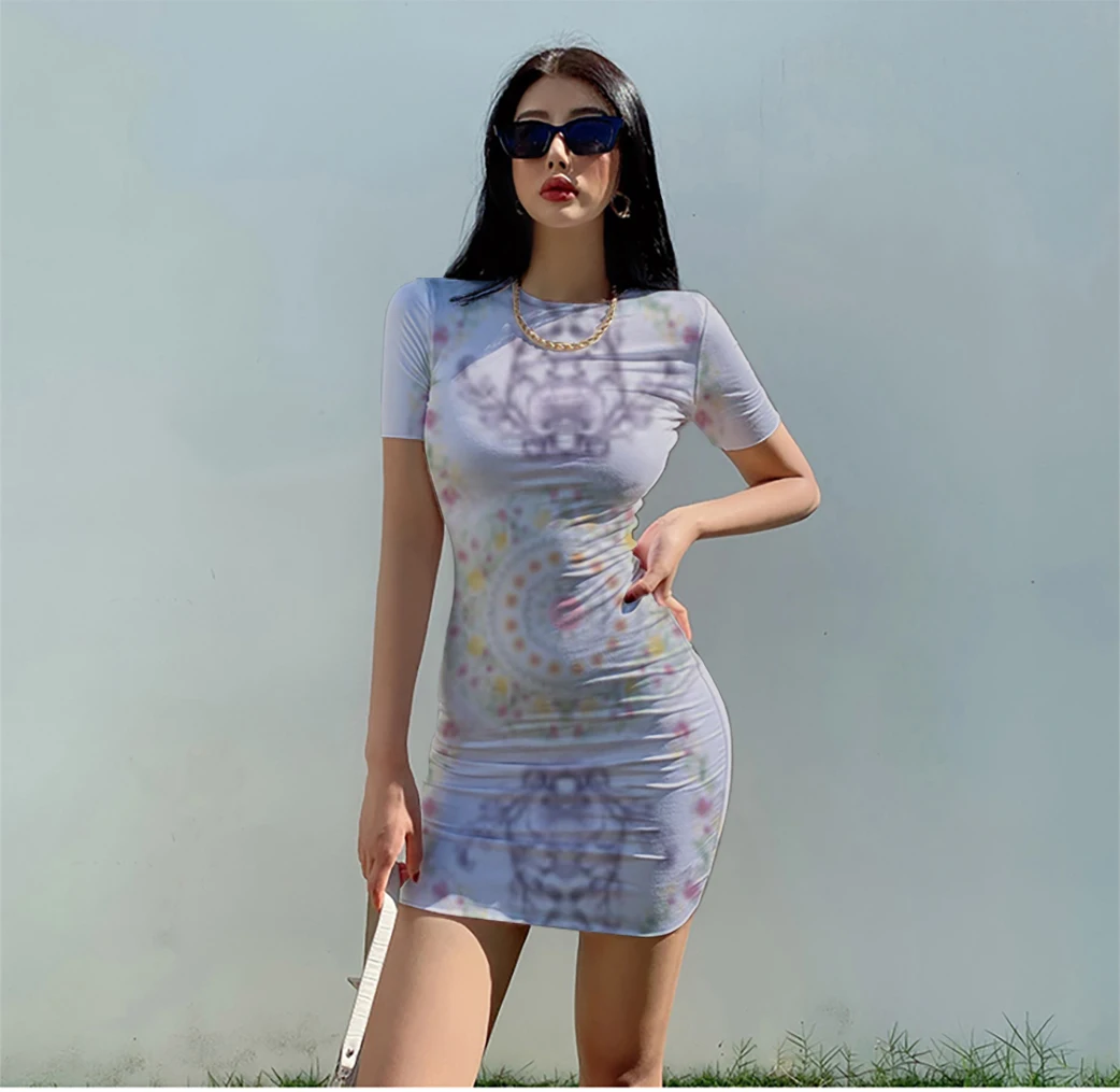 

Платье-мини облегающее пляжное с круглым вырезом и коротким рукавом