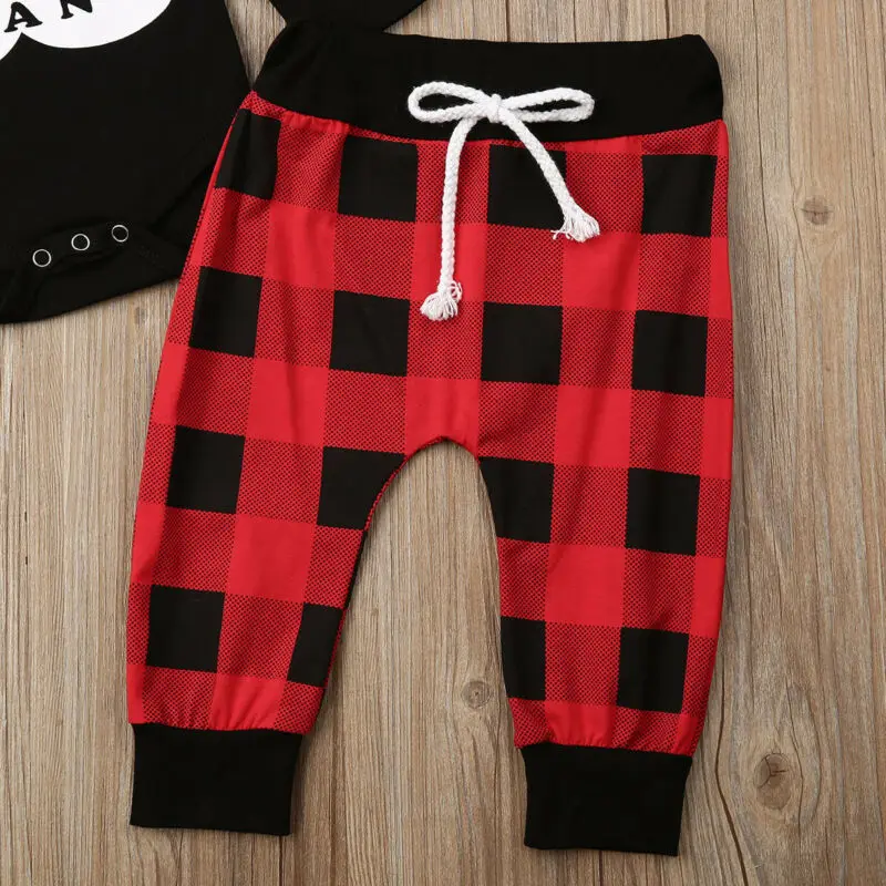 New 4Pcs Xmas Kid Baby Boy Girl Clothes Plaid Romper/T-Shirt+Pants Hat Outfit Set | Детская одежда и обувь