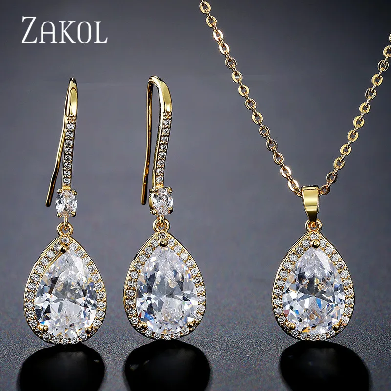 ZAKOL Классические Прозрачные Серьги капли с фианитом браслет кулон набор