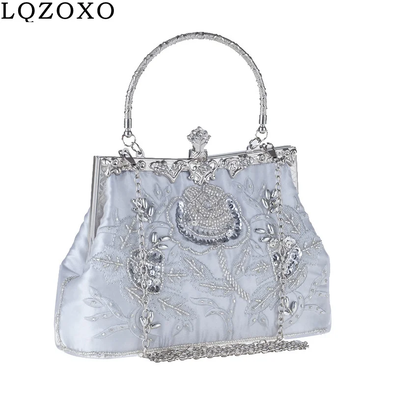 Golden Handle Day Clutch Shoulder Chain Messenger Bucket Purse Vintage Style Flower Beading Party Handbags Satin