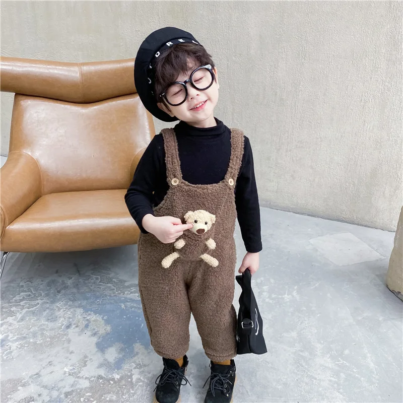 Зимние теплые комбинезоны для мальчиков и девочек с милым мультяшным медведем