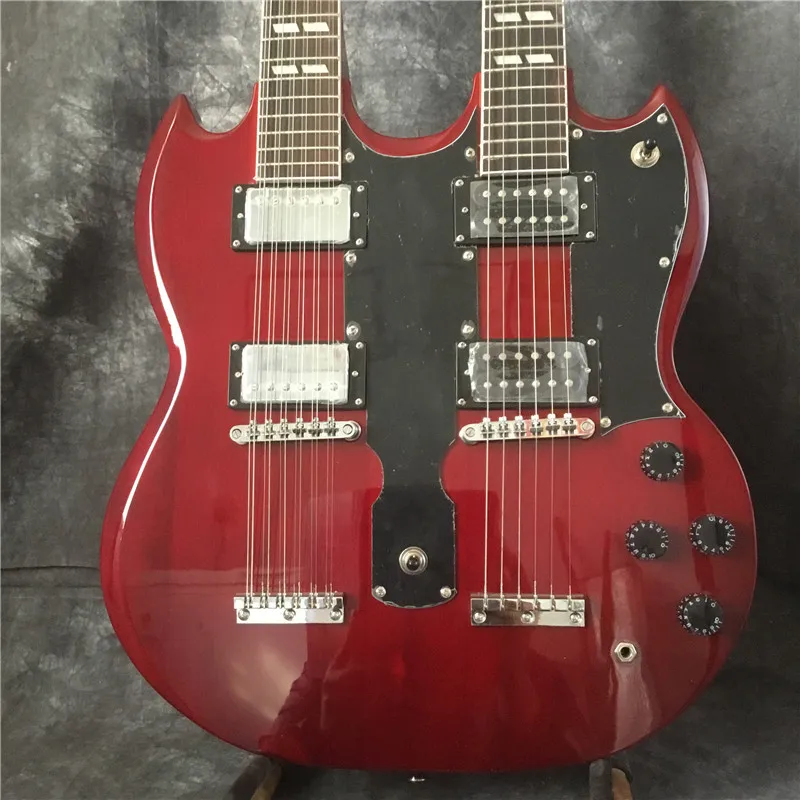 

Electric Guitar, Double Head, High Quality, Red Wine, 12 String + 6 String, Silver Hardware
