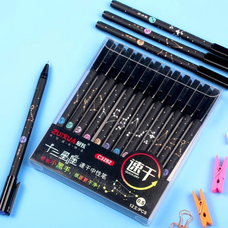 

12 Constellation Gel Pens 0.5mm Starry Black Ink Pen Student Stationery Gift Office School Writing Supplies