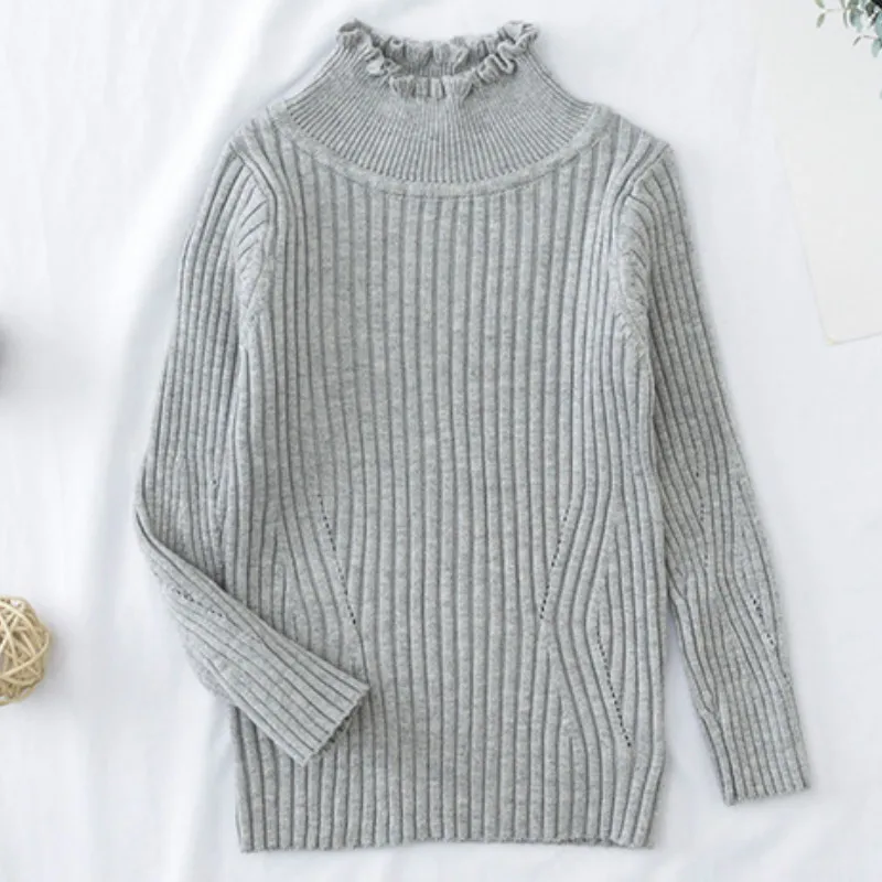 Gray Toddler Girl Fitted Rib Knit Ruffled Collar Sweater Children Kids Girl Ribbed Sweater Winter Girls Tops - Color: Gray