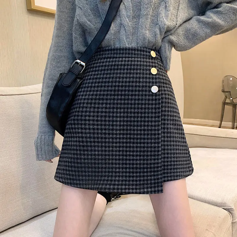 

2021 New Plaid Woolen Skirt for Women High Waist Autumn Winter Irregular Shor Mini Skirt Harajuku Skirts Y2K Mujer Faldas