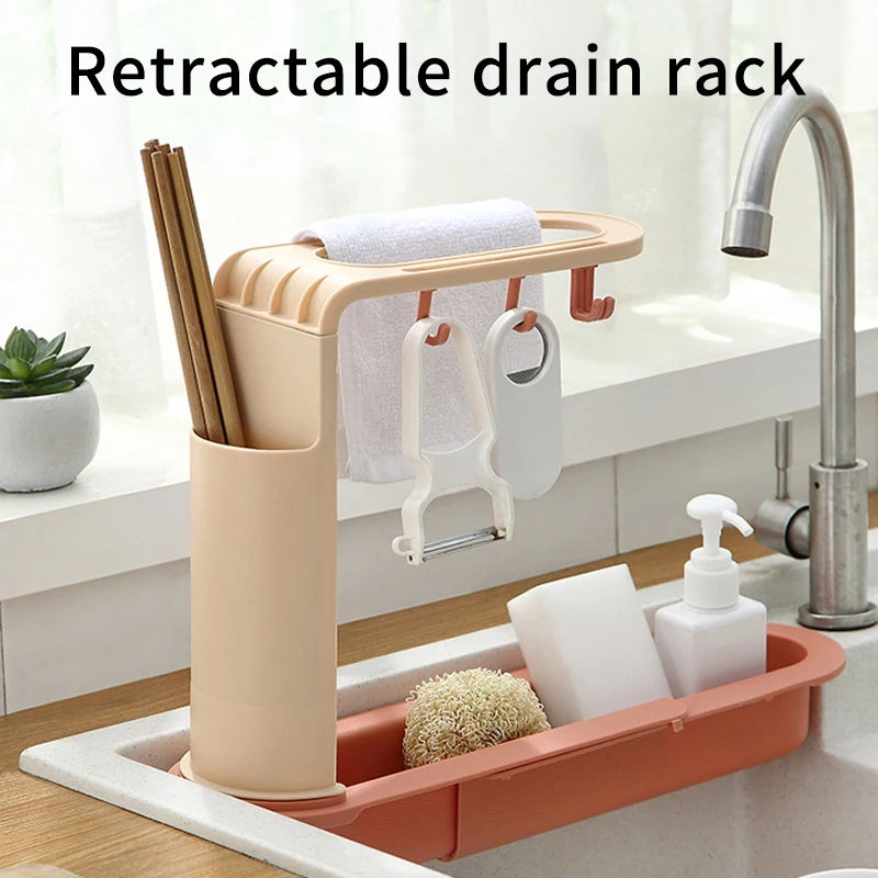 

Kitchen Sink Telescopic Drain Rack Adjustable Sink Organizer Sponge Brush Holder with Dishcloth Hanger Expandable S7
