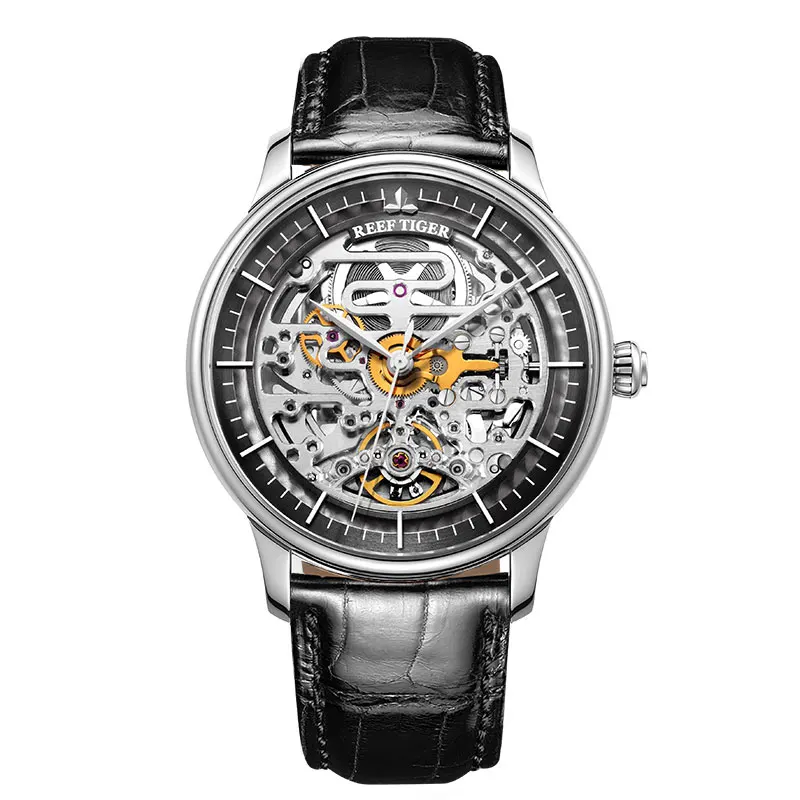 Reef Tiger/RT Дизайнерские мужские часы с кожаным ремешком автоматические от ведущего