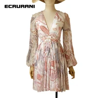 ecrurani print dress for women v neck puff sleeve hit color floral hollow out pearl dresses female fashion summer new 2021 style