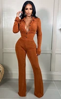 casual women tracksuit two piece set jacket coat and long flare pants solid color with bottom sportsuit matching set clothes