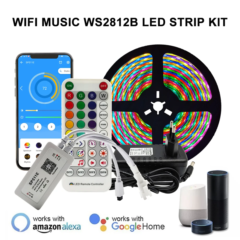 

DC5V WS2812B Individually Addressable 5050 RGB Led Strip And SP511E Music Controller Bluetooth Dual Output EU US UK AU Power Kit
