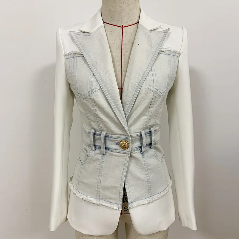 2021 Spring New Casual Women Jackets Blazer Slim Denim Personality Designs Lion Button Cowboy Splicing Suit Female Clothes Coats