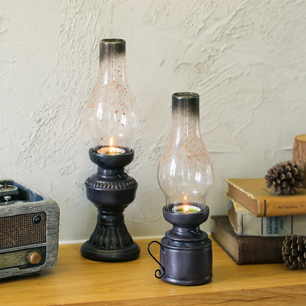 

Creative Resin Crafts Nostalgic Kerosene Lamp Candle Holder Decoration Vintage Glass Cover Lantern Candlesticks Home Decor Gifts