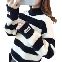 Women Long Sleeves Half Turtleneck Knitted Sweater Stitching Contrast Pullover