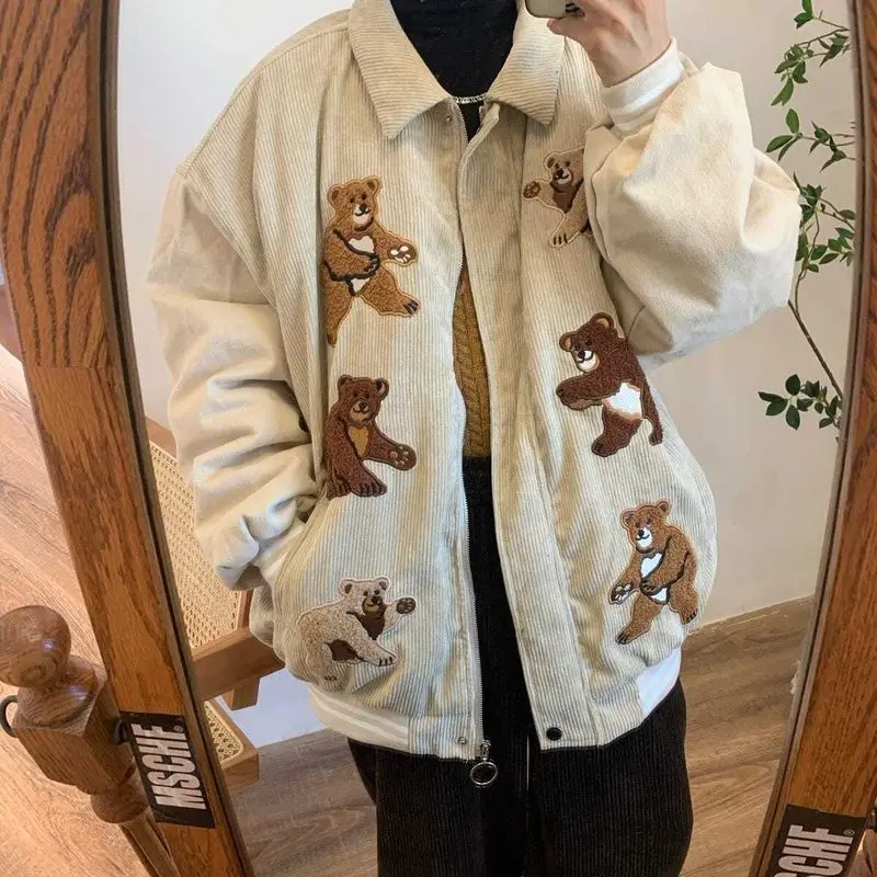 

bear embroidery corduroy Preppy Style Vintage Jacket loose versatile grunge Hong Kong style BF top Women jackets 2021 new spring