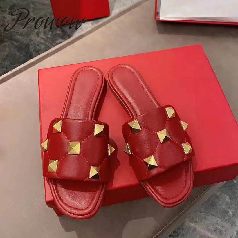 

Prowow New Genuine Leather Studded Luxury Brand Slippers Open Toe Studded Flats Sandals Shoes Women