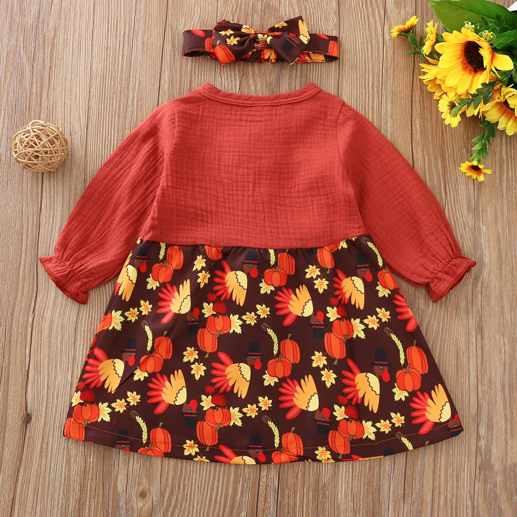 

Baby Girls Fashion Long-sleeved Dress Casual Round Neck Turkey Print Stitching Children Dress and Headband