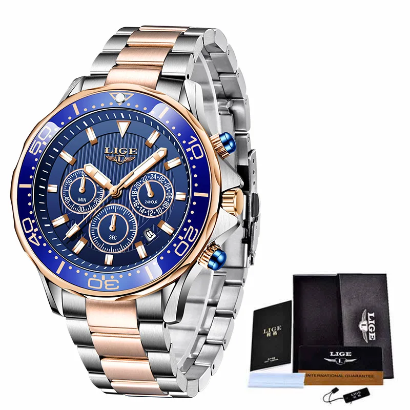 

Men Watches LIGE Top Brand Fashion Blue Stainless Steel Chronograph Luxury Quartz Wrist Watch For Men 30M Waterproof Sport Clock