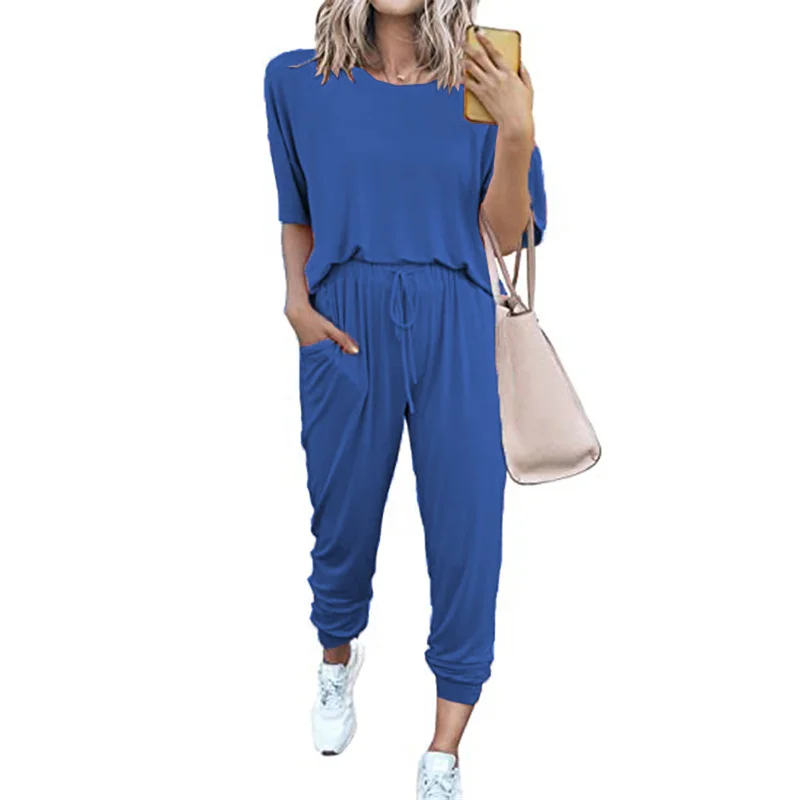 

Women Summer Casual Clothes Sets Female Solid Color O-Neck Short Sleeve T-Shirt+ High Waist Trousers For Shopping Streetwear
