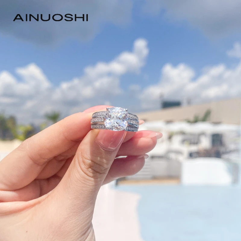 

AINUOSHI 925 пробы серебро 3,0 карат подушки с 4 кнопками, Обручение кольцо 3 ряда Сона алмаз Для женщин вечерние ювелирные изделия