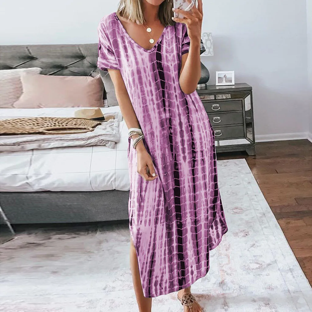 SAGACE Ladies Printed Plus Size Dresses Fashion Short-sleeved Dress Casual V-Neck Summer Split Mid-Calf | Женская одежда