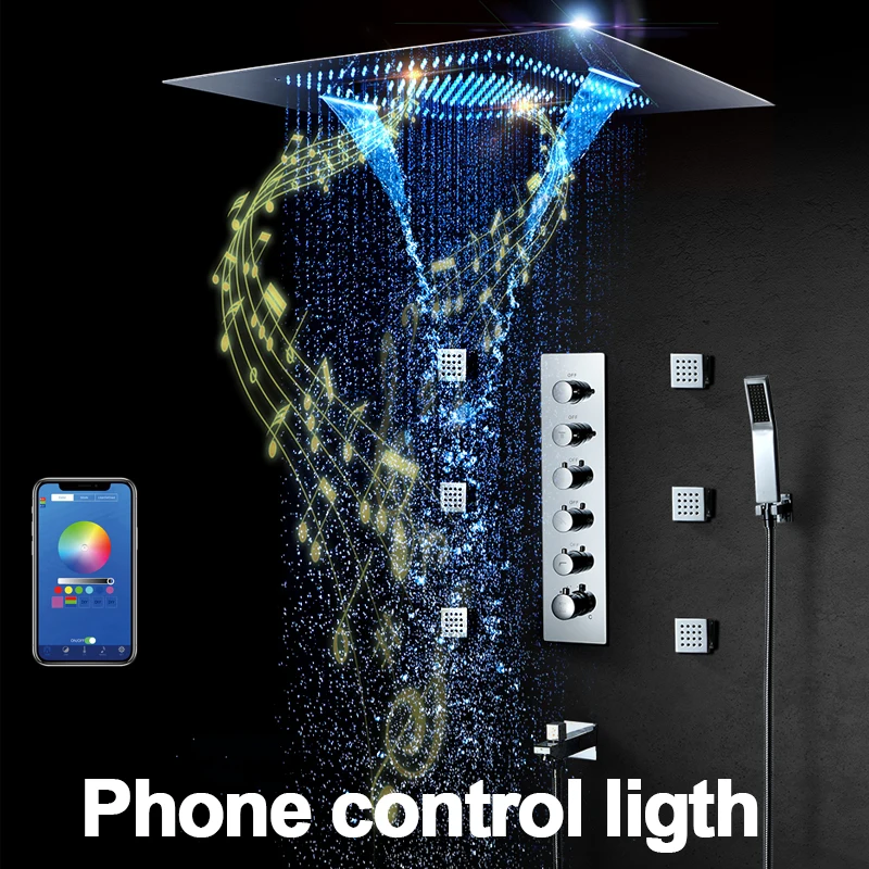 Phone Control Музыкальная светодиодный насадка для душа 800*600 мм, распылитель, водопад, дождевой Душ, для ванной комнаты, термостатический смеситель для душа, блок, динамик, душевой набор - Цвет: Phone Control
