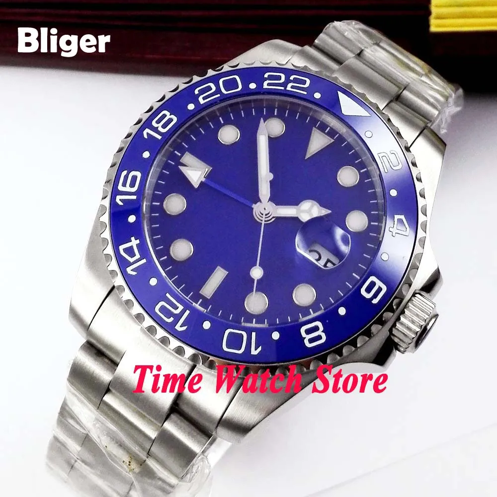

Bliger 43 мм GMT 3804 автоматический мужской часы с сапфировым стеклом синий стерильный циферблат светящийся керамический Безель водонепроницаем...