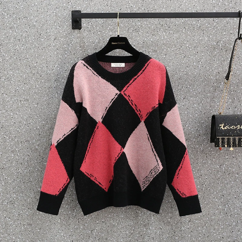 Женский Повседневный Спортивный костюм размера плюс свитер в клетку и джинсовые