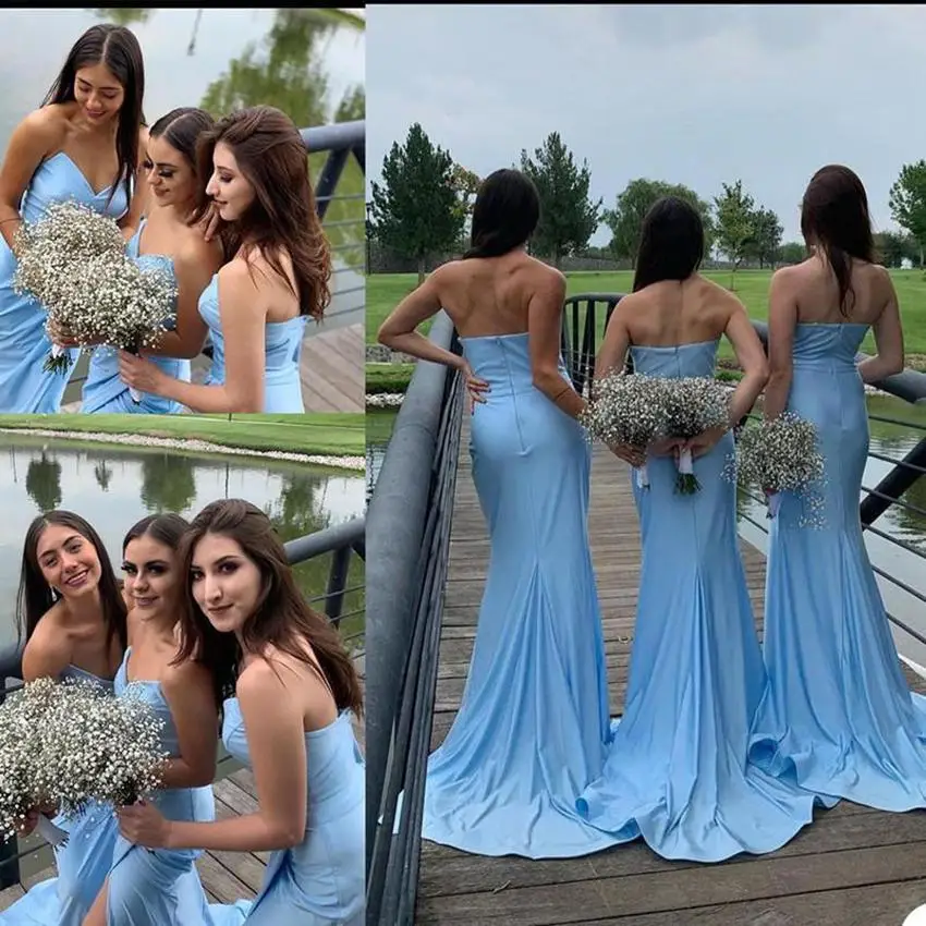 

Sky Blue Bridesmaid Dresses Sweetheart Neckline Ruched Pleats Side Slit Sheath Sweep Train Maid of Honor Dress vestidos de fiest