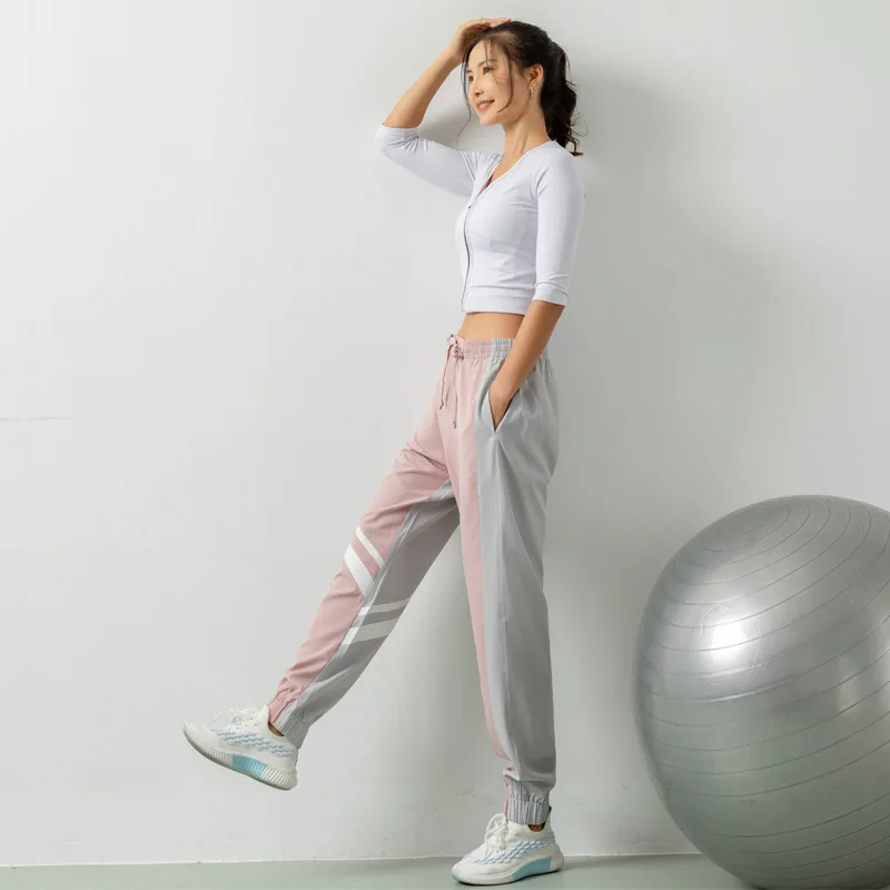 Women Jogger Pants Hit Color Patchwork Sport Running Trousers Loose Thin Stripe Gym Sweatpants Elastic Baggy Harem Pant For Yoga