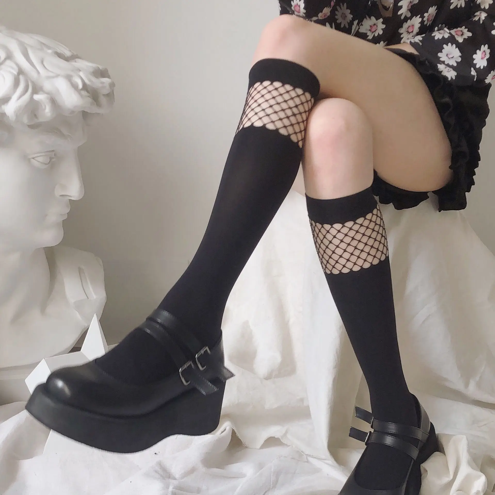 

Fashion Long Calf Socks Ladies Stitching Mesh High Socks Black Thigh AB Wind Summer Sexy Student Harajuku Japanese Cute Style