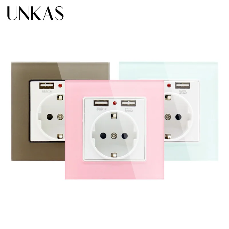 Розетка настенная с двумя USB портами и стеклянной панелью|Электрические розетки|