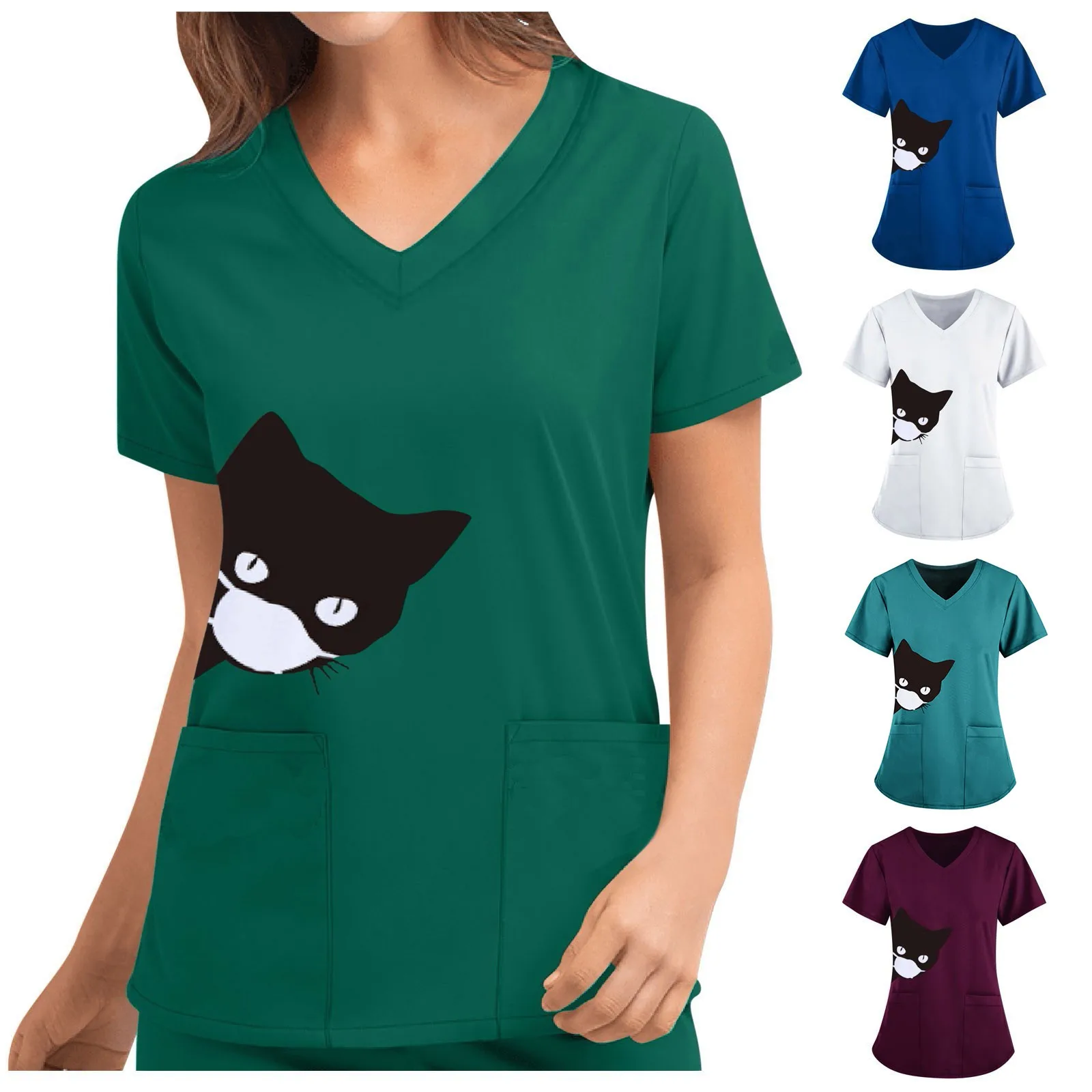 Unisex Working Uniform Black Cat Print Pocket Blouse Nurse Uniform Women Short Sleeve V-neck Scrub Tops Healthcare Carer Tunic