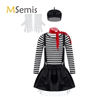 kids girls mime artist clown circus carnival cosplay costumes stripe print tops with suspenders skirt scarf beret hat gloves set