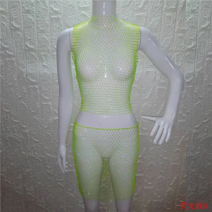 neon green O-neck Блестящие Кристальные Стразы, женская одежда, сетчатые Прозрачные топы, клетчатые сексуальные мини юбки, летний комплект из 2 предметов, Клубные, трендовые - Цвет: neon green O-neck