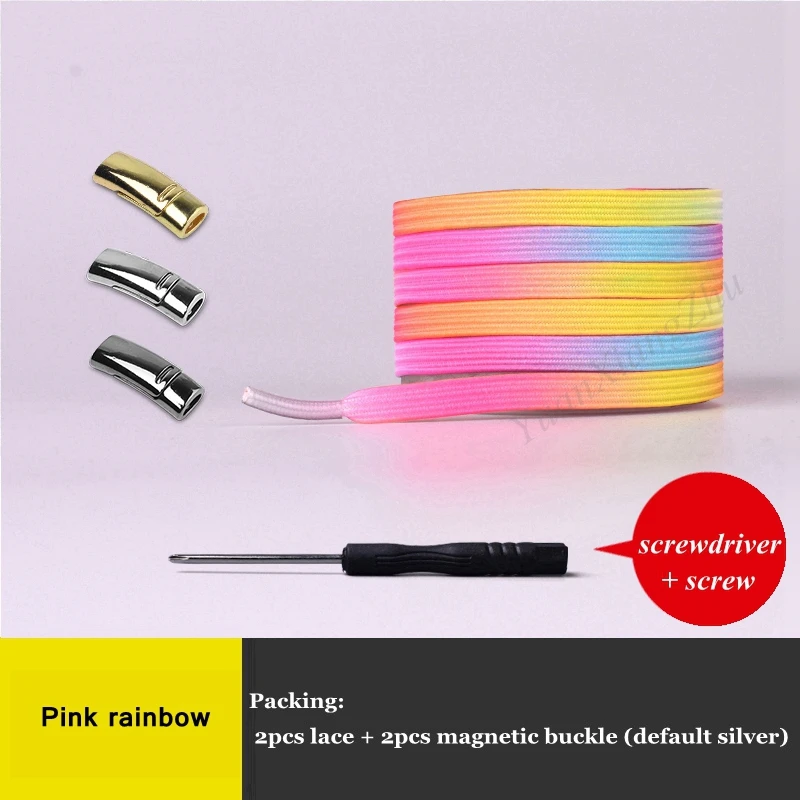 Pink rainbow 1 пара, плоские шнурки с металлической магнитной пряжкой, эластичные шнурки без завязок, шнурки для обуви для детей и взрослых, кроссовки унисекс, шнурки, шнурки для быстрой носки - Color: Pink rainbow