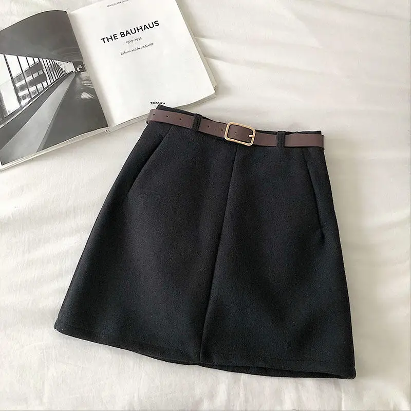Black Skirt Однотонные шерстяные юбки женские Saia мини-юбки женские Faldas теплые зимние короткие женские юбки с ремнем Jupe Femme Q2149 - Цвет: Black Skirt