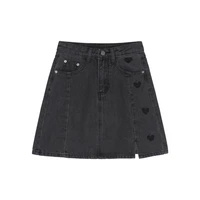 2022 black grey color a line denim skirt women summer new streetwear love embroidery high waist split mini jeans skirts female