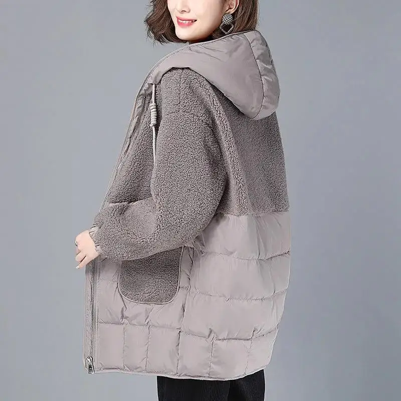 

Women Padded Jackets Autumn Winter Hooded Outerwear 2021 Loose S-4XL Down Cotton Jacket Mid-Length Lamb Wool Thick Coat Female