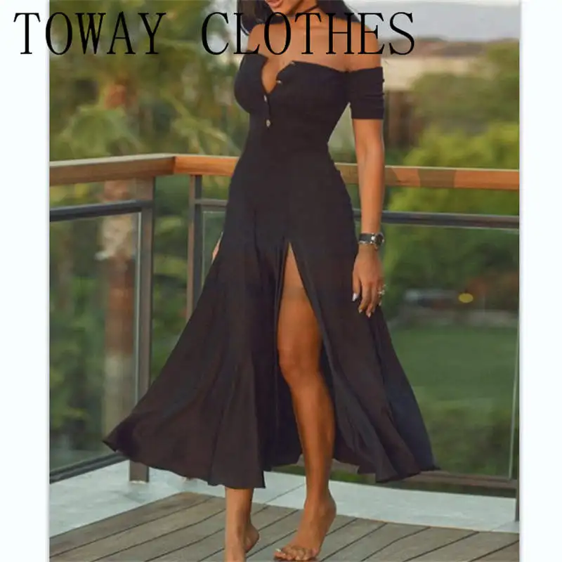 Платье-Макси женское с коротким рукавом, однотонное повседневное винтажное облегающее вечернее длинное с открытыми плечами и высоким разр...