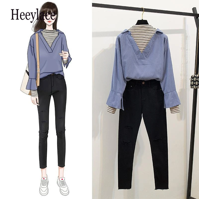 Женский комплект из 2 предметов: рубашка в стиле пэчворк и джинсовые штаны