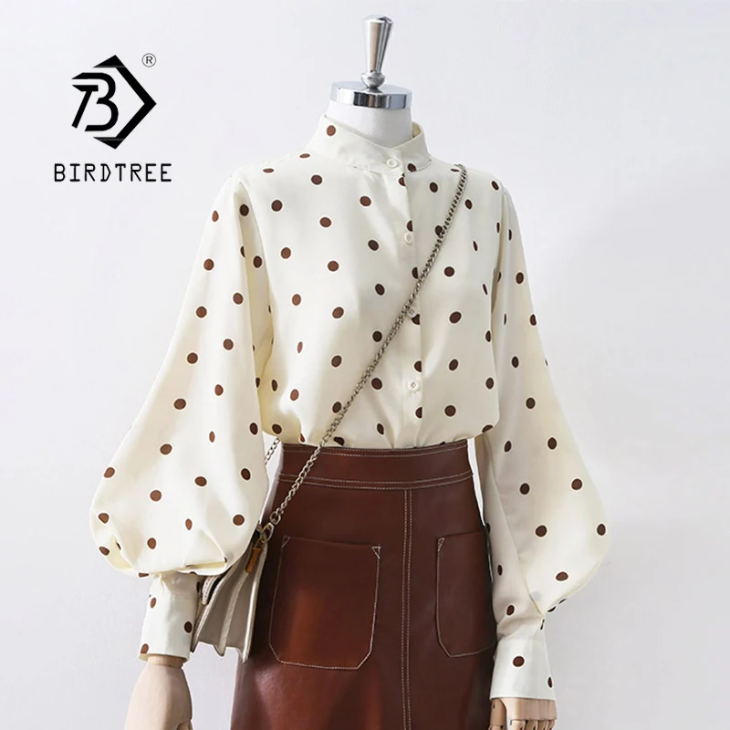 

Autumn New Women Vintage Big Lantern Sleeve Dot Print Chiffon Blouse Stand Collar Button Up Elegant Shirts Fall Spring Tops