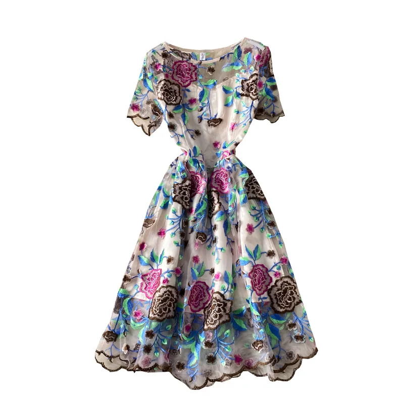 

temperament, long floral closed show thin waist, net yarn embroidery designs round collar dress with short sleeves