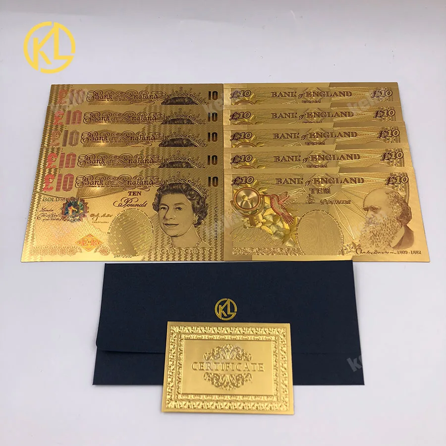 HOT 10pcs/lot Classic Memory souvenir collection of Magician 24K gold Banknotes for game playing with COA and envelope - Цвет: 10Pound