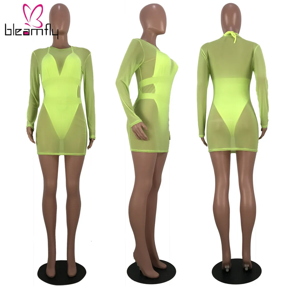 Неоновый зеленый оранжевый комплект из 2 предметов сексуальные сетчатые платья