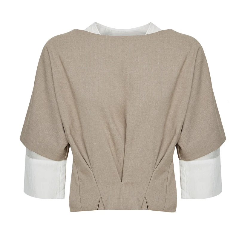 CHICEVER Summer Casual Hit Color Patchwork Shirt For Women O Neck Three Quarter Sleeve Crop Top Clothing Female Fashion New