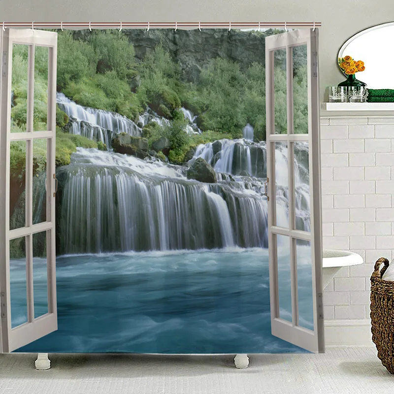 

Wide Waterfall Deep Down in The Forest Seen from A City Window Epic Surreal Shower Curtains Landscape Bathroom Curtain Set