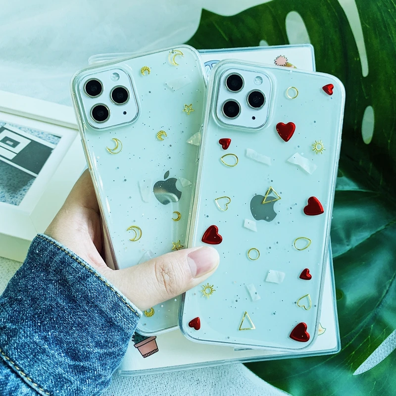 Блестящий блестящий чехол с сердечками Луной и звездами для iPhone 6 6s 7 8 Plus 10 X XS XR 11 Pro