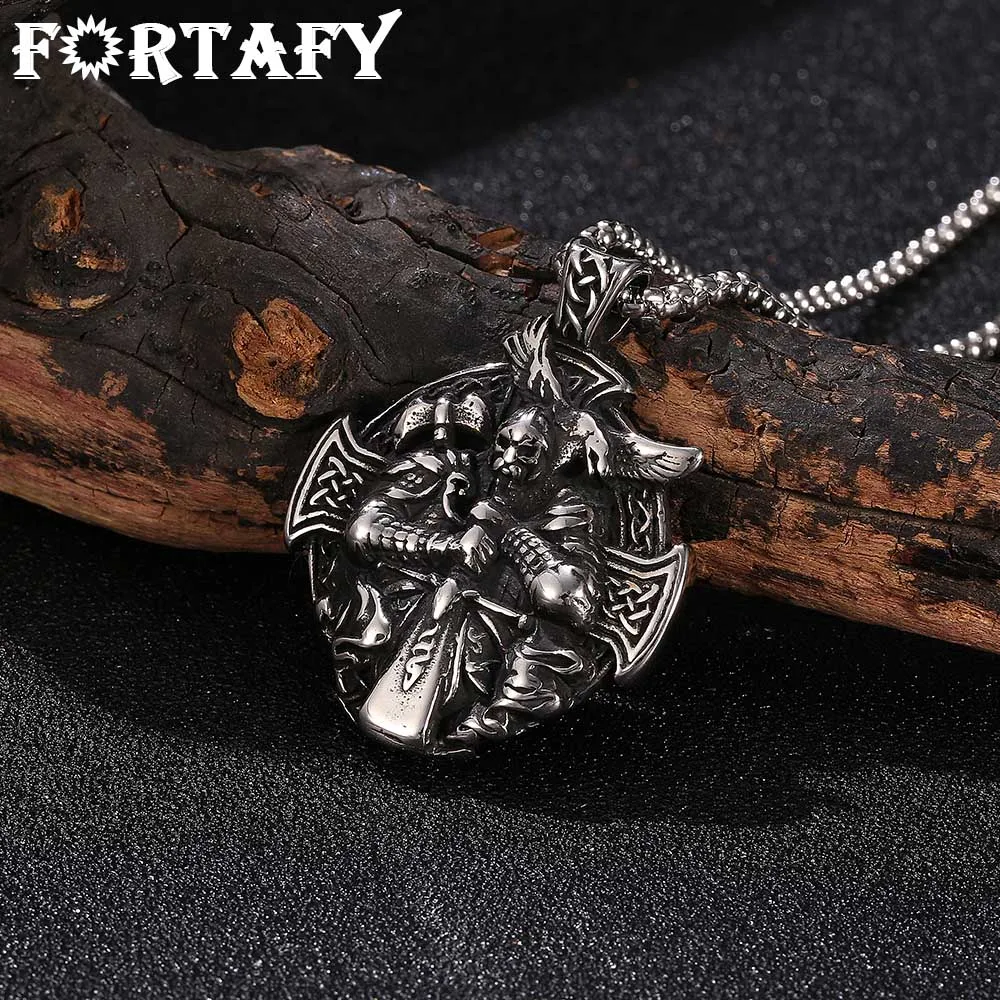 

FORTAFY Punk Men Viking Oidn Anchor Necklace Norse Amulet Pendant Cross Crow Stainless Steel Chain Male Charms Jewelry FRGL0023